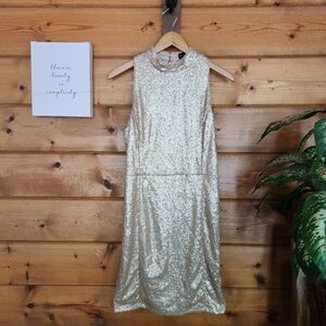 Nikibiki‎ Midnight Gold Sequin Cocktail Dress Mock Neck Racerback Stretch Size L